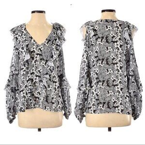 Parker Top Cold Shoulder Ruffle Trim V-Neck Black Floral Print S